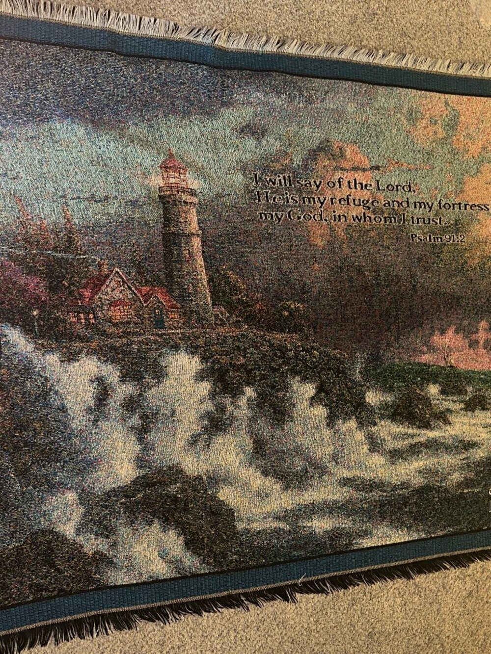 Thomas Kinkade Throw Blanket Conquering the Storms Lighthouse Psalm 91:2 VTG EUC